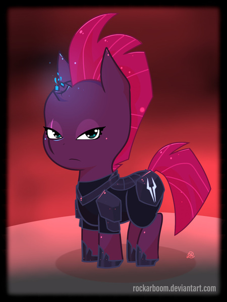 Size: 1364x1818 | Tagged: safe, alternate version, artist:rockarboom, derpibooru import, tempest shadow, pony, unicorn, my little pony: the movie, armor, broken horn, chibi, eye scar, frown, scar, solo, sparking horn