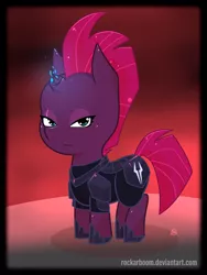 Size: 1364x1818 | Tagged: safe, alternate version, artist:rockarboom, derpibooru import, tempest shadow, pony, unicorn, my little pony: the movie, armor, broken horn, chibi, eye scar, frown, scar, solo, sparking horn