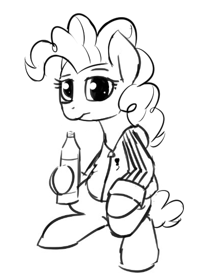 Size: 396x553 | Tagged: safe, artist:wenni, derpibooru import, pinkie pie, earth pony, pony, adidas, alcohol, bipedal, black and white, clothes, female, gopnik, grayscale, mare, monochrome, simple background, sketch, solo, squatting, tracksuit, white background