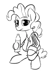 Size: 396x553 | Tagged: safe, artist:wenni, derpibooru import, pinkie pie, earth pony, pony, adidas, alcohol, bipedal, black and white, clothes, female, gopnik, grayscale, mare, monochrome, simple background, sketch, solo, squatting, tracksuit, white background