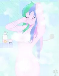 Size: 1750x2250 | Tagged: suggestive, artist:fimbulvinter, derpibooru import, princess celestia, equestria girls, arm behind head, armpits, big breasts, breasts, conditioner, eyes closed, female, multicolored hair, nudity, principal celestia, sexy, shampoo, shower, solo, solo female, strategically covered, stupid sexy celestia, wet mane