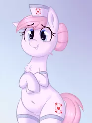 Size: 808x1088 | Tagged: safe, artist:toroitimu, derpibooru import, nurse redheart, earth pony, pony, clothes, cute, female, heartabetes, mare, nurse, simple background, smiling, solo, stockings, thigh highs