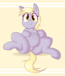 Size: 1143x1340 | Tagged: safe, artist:toroitimu, derpibooru import, derpy hooves, pony, aderpose, belly, chest fluff, chubby, fat, female, looking at you, mare, simple background, smiling, solo