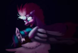 Size: 1000x683 | Tagged: semi-grimdark, artist:jykinturah, deleted from derpibooru, derpibooru import, fizzlepop berrytwist, tempest shadow, twilight sparkle, twilight sparkle (alicorn), alicorn, pony, unicorn, my little pony: the movie, black background, broken horn, dark, female, floppy ears, frown, glowing horn, hug, injured, lesbian, magic, mare, missing accessory, open mouth, panic, passed out, prone, sad, shipping, side, simple background, sparking horn, tempestlight, unconscious, wide eyes, worried