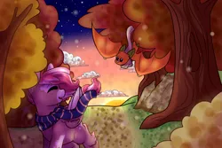 Size: 3000x2000 | Tagged: safe, artist:cloureed, derpibooru import, oc, oc:cinnamon, oc:strawberry breeze, unofficial characters only, fruit bat, pegasus, pony, autumn, clothes, long tail, scarf, sunset, tree