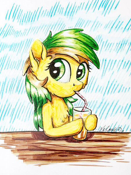 Size: 1024x1365 | Tagged: safe, artist:helmie-art, derpibooru import, oc, oc:fresca lemonade, unofficial characters only, pony, bendy straw, drinking, drinking straw, female, juice, lemonade, mare, simple background, solo, straw, traditional art