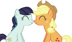 Size: 5548x3266 | Tagged: safe, artist:ironm17, derpibooru import, applejack, coloratura, earth pony, pony, eyes closed, female, lesbian, mare, nuzzling, rarajack, shipping