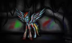 Size: 7200x4320 | Tagged: semi-grimdark, artist:wildiecrazy, derpibooru import, rainbow dash, pegasus, pony, fanfic:rainbow factory, absurd resolution, blood, clothes, factory, female, lab coat, looking at you, mare, rainbow factory dash, signature, solo