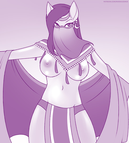 Size: 2700x3000 | Tagged: amira, anthro, artist:marik azemus34, belly dancer, big breasts, breasts, busty amira, clothes, derpibooru import, female, flashing, mare, monochrome, nipples, nudity, partial nudity, questionable, simple background, solo, solo female, topless, undressing, veil
