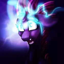 Size: 1000x1000 | Tagged: safe, artist:immagoddampony, derpibooru import, tempest shadow, pony, unicorn, my little pony: the movie, broken horn, electricity, female, magic, mare, open mouth, solo, sparking horn