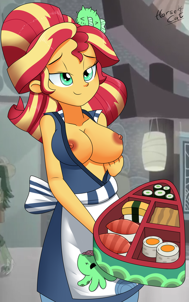 Size: 2500x4000 | Tagged: questionable, artist:horsecat, derpibooru import, sunset shimmer, eqg summertime shorts, equestria girls, good vibes, apron, bedroom eyes, big breasts, braless, breasts, busty sunset shimmer, clothes, dress, exhibitionism, female, flashing, food, happi, nipples, nudity, open clothes, smiling, solo, solo female, standing, sunset sushi, sushi, toy interpretation