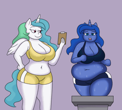 Size: 2000x1800 | Tagged: animated, anthro, artist:lordstormcaller, bbw, belly, belly button, big belly, big breasts, blinking, bouncing, bouncing breasts, bra, breasts, busty princess celestia, busty princess luna, chubby, cleavage, clipboard, clothes, derpibooru import, exercise, fat, female, females only, gif, hips, jiggle, obese, panting, princess celestia, princess luna, princess moonpig, royal sisters, running, series:the royal sisters saga, shorts, simple background, smiling, sports bra, standing, suggestive, sweat, thunder thighs, tired, treadmill, underwear, watching, wide hips, workout