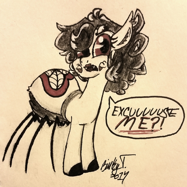 Size: 1744x1743 | Tagged: angry, artist:binkyt11, derpibooru import, excuse me, fangs, female, mare, monster pony, neo noir, oc, oc:izzy bitsy, original species, partial color, safe, simple background, speech bubble, spiderpony, traditional art, unofficial characters only, white background