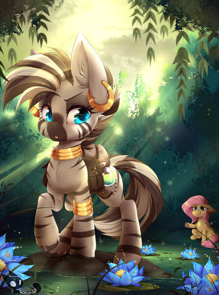 Size: 1500x2016 | Tagged: safe, artist:teranen, derpibooru import, fluttershy, zecora, pegasus, pony, zebra, a health of information, chibi, colored pupils, cute, duo, ear fluff, ear piercing, earring, everfree forest, female, floppy ears, flower, jewelry, looking back, mare, neck rings, piercing, potion, saddle bag, smiling, swamp, swamp fever plant, water, weapons-grade cute, zecorable