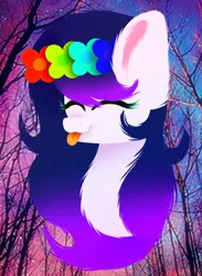 Size: 922x1261 | Tagged: safe, artist:creadorachan, derpibooru import, oc, oc:shinyflake, unofficial characters only, pony, bust, eyes closed, female, floral head wreath, flower, mare, portrait, solo, tongue out