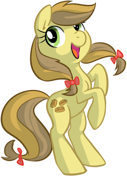 Size: 568x783 | Tagged: safe, artist:briskby, derpibooru import, apple strudely, earth pony, pony, apple family member, bow, female, hair bow, mare, rearing, simple background, smiling, solo, tail bow, transparent background