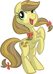 Size: 568x783 | Tagged: safe, artist:briskby, derpibooru import, apple strudely, earth pony, pony, apple family member, bow, female, hair bow, mare, rearing, simple background, smiling, solo, tail bow, transparent background