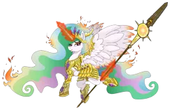 Size: 3500x2250 | Tagged: alicorn, armor, artist:ghouleh, crown, derpibooru import, flaming, glowing horn, horseshoes, inktober, jewelry, magic, princess celestia, regalia, safe, simple background, spear, telekinesis, transparent background, warrior celestia, weapon