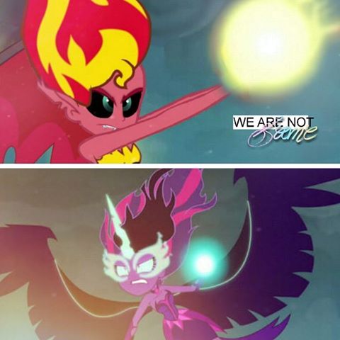 Size: 480x480 | Tagged: safe, derpibooru import, edit, edited screencap, screencap, sunset shimmer, twilight sparkle, equestria girls, friendship games, magic, midnight sparkle, midnightsatan, power, sunset satan