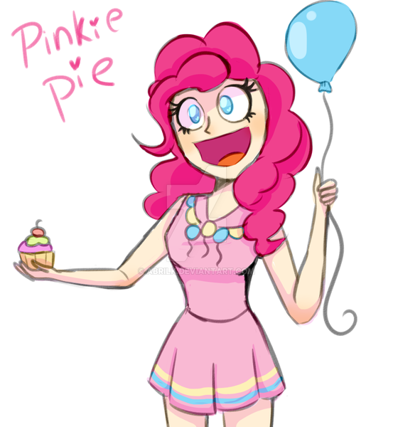 Size: 1024x1112 | Tagged: artist:abrilk, balloon, clothes, cupcake, derpibooru import, dress, food, human, humanized, pinkie pie, safe, simple background, solo, watermark, white background