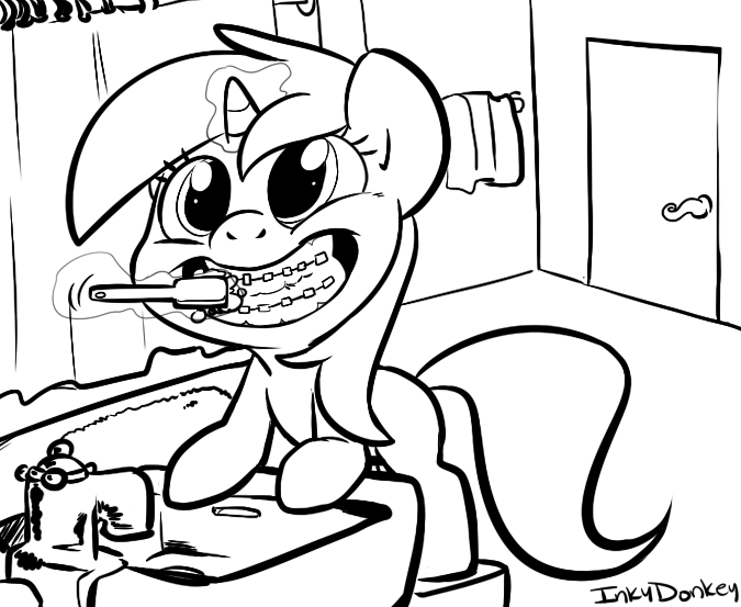 Size: 675x553 | Tagged: safe, artist:briskby, derpibooru import, minuette, pony, unicorn, adorkable, bathroom, braces, cute, dork, female, filly, minubetes, sink, toothbrush, younger