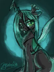 Size: 960x1280 | Tagged: safe, artist:colorfulcolor233, derpibooru import, queen chrysalis, changeling, crown, fangs, female, jewelry, lidded eyes, looking at you, regalia, signature, sitting, smiling, solo, spread wings, tongue out, wings