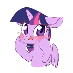 Size: 1100x1100 | Tagged: safe, artist:sion, derpibooru import, twilight sparkle, twilight sparkle (alicorn), alicorn, pony, blushing, cute, female, floppy ears, mare, raspberry, silly, silly pony, simple background, smiling, solo, tongue out, twiabetes, white background