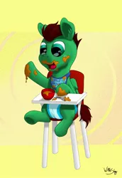 Size: 1375x2000 | Tagged: safe, artist:wittleskaj, derpibooru import, oc, oc:northern haste, unofficial characters only, pegasus, pony, baby, baby pony, bib, colt, diaper, foal, highchair, male