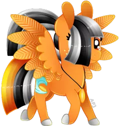 Size: 440x460 | Tagged: safe, artist:amberpone, derpibooru import, oc, oc:clownfish, unofficial characters only, pegasus, pony, black, cutie mark, digital art, eyes open, food, freckles, grey hair, hooves, jewelry, necklace, orange, original character do not steal, paint tool sai, ponytail, red eyes, shading, simple background, smiling, solo, transparent background, walking, wings, yellow