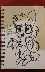 Size: 1440x2304 | Tagged: safe, artist:tjpones, derpibooru import, oc, oc:frootbet, unofficial characters only, bat pony, pony, black and white, cheek fluff, chest fluff, dialogue, ear fluff, grayscale, lineart, monochrome, solo, traditional art