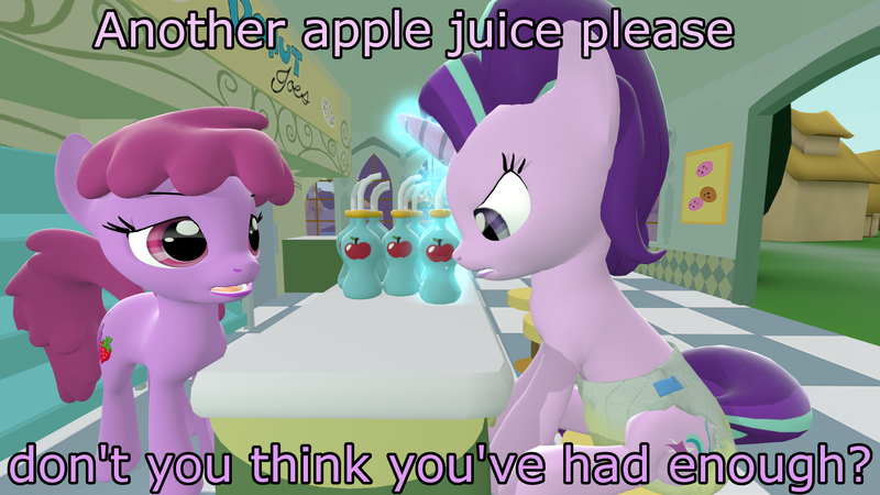 Size: 1920x1080 | Tagged: 3d, apple juice, artist:mrdoctorderpy, berry punch, berryshine, derpibooru import, dialogue, diaper, diaper fetish, fetish, juice, questionable, source filmmaker, starlight glimmer, uncommon bond, urine, wet diaper