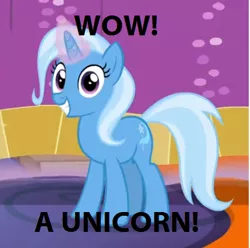 Size: 404x400 | Tagged: safe, derpibooru import, edit, edited screencap, screencap, trixie, pony, unicorn, uncommon bond, captain obvious, female, glowing horn, grin, looking at you, magic, mare, meme, smiling, solo, squee, truth, wide eyes, wow, wow! glimmer