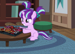 Size: 1236x894 | Tagged: safe, derpibooru import, edit, edited screencap, screencap, starlight glimmer, pony, unicorn, uncommon bond, age regression, animated, blinking, board game, bow, cute, dragon pit, excited, eyes closed, eyes on the prize, female, filly, filly starlight glimmer, gif, glimmerbetes, grin, hoof hold, mine!, motion blur, ouija, ouija board, pigtails, poltergeist, reversed, ribbon, sitting, smiling, solo, squee, underhoof, yoink, younger, zozo