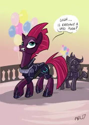 Size: 1024x1430 | Tagged: safe, artist:lytlethelemur, derpibooru import, tempest shadow, pony, unicorn, my little pony: the movie, balloon, broken horn, female, gritted teeth, mare, raised hoof, solo focus