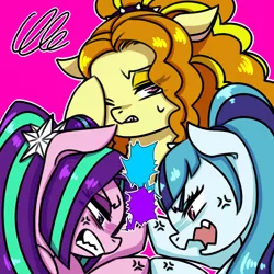 Size: 1000x1000 | Tagged: safe, artist:raika0306, derpibooru import, adagio dazzle, aria blaze, sonata dusk, ponified, pony, angry, annoyed, equestria girls ponified, fight, the dazzlings