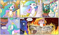 Size: 1920x1149 | Tagged: safe, artist:pencils, derpibooru import, princess celestia, princess luna, oc, oc:glenda gullwind, alicorn, gryphon, pony, comic:sunbutt sunday, angry, burning, camera, camera flashes, comic, cookie, crown, crying, cute, cutelestia, daybreaker origin story, dialogue, embers, faic, female, fire, food, furious, griffon oc, horseshoes, hot, innuendo, jewelry, lip bite, mane of fire, mare, mouth hold, newspaper, one eye closed, open mouth, paparazzi, peytral, prime celestia, reading, regalia, royal sisters, speech bubble, sweat, this will end in fire, this will end in pain and/or death, this will end in tears and/or a journey to the moon, thought bubble