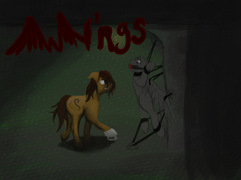 Size: 2000x1500 | Tagged: semi-grimdark, artist:speedpaintthegod, derpibooru import, oc, oc:neat sketch scribble, unofficial characters only, earth pony, pegasus, pony, fanfic, bondage, collar, cutie mark, fanfic art, fanfic cover, gag, ice skates, implied torture, krita, ponysona, teaser