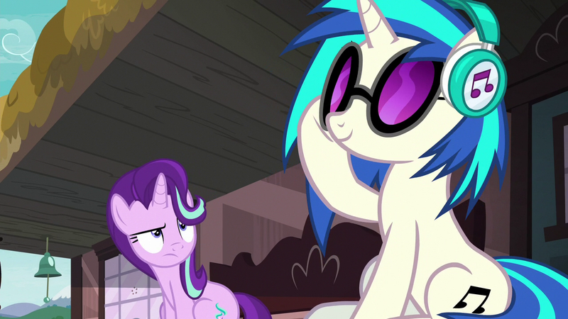 Size: 1280x720 | Tagged: safe, derpibooru import, screencap, starlight glimmer, vinyl scratch, uncommon bond, duo, headphones