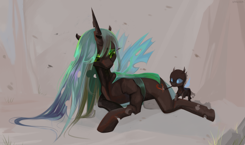 Size: 3500x2079 | Tagged: artist:utauyan, baby, changeling, changeling queen, cutie mark, derpibooru import, drawing, duo, heart, horn, larva, love, mommy chrissy, queen chrysalis, safe, simple background, wings