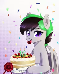 Size: 1348x1700 | Tagged: safe, artist:kaylemi, derpibooru import, oc, oc:night wing, unofficial characters only, bat pony, birthday, birthday cake, cake, female, food, happy, solo, strawberry, wings
