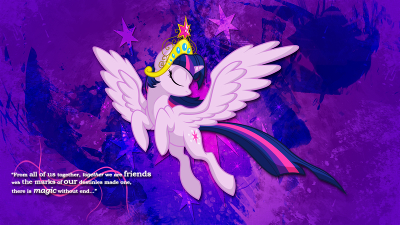 Size: 1920x1080 | Tagged: safe, artist:toruviel, artist:utahraptorz-poniez, derpibooru import, edit, twilight sparkle, twilight sparkle (alicorn), alicorn, pony, crown, cutie mark, eyes closed, female, flying, jewelry, mare, quote, regalia, solo, vector, wallpaper, wallpaper edit