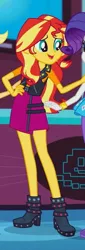 Size: 245x720 | Tagged: safe, derpibooru import, screencap, applejack, rarity, sunset shimmer, a fine line, equestria girls, equestria girls series, boots, clothes, cropped, female, high heel boots, jacket, leather jacket, offscreen character, shoes, skirt, smiling