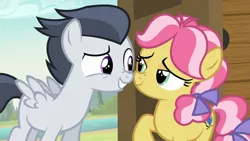Size: 1631x923 | Tagged: safe, derpibooru import, screencap, kettle corn, rumble, earth pony, pegasus, pony, marks and recreation, boop, colt, duo, female, filly, foal, lidded eyes, male, nose to nose, nose wrinkle, noseboop, shipping fuel, smiling