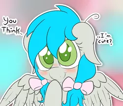 Size: 1477x1278 | Tagged: artist:laptopbrony, blushing, bow, cute, derpibooru import, dialogue, hair bow, oc, oc:darcy sinclair, safe, solo, unofficial characters only