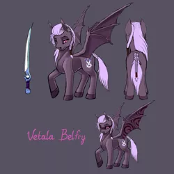 Size: 1400x1400 | Tagged: safe, artist:wwredgrave, derpibooru import, oc, oc:vetala belfry, unofficial characters only, bat pony, bat pony oc, blade, colored hooves, female, mare, reference sheet, sketch, solo, sword, weapon, wings