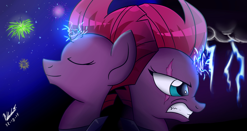 Size: 5092x2694 | Tagged: artist:viejillox64art, broken horn, derpibooru import, duality, fireworks, fizzlepop berrytwist, fizzlepop's fireworks, my little pony: the movie, night, safe, sparking horn, storm, tempest shadow