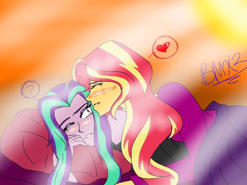 Size: 1024x768 | Tagged: suggestive, artist:brickercupmasterx3, derpibooru import, aria blaze, sunset shimmer, equestria girls, rainbow rocks, bed, blushing, female, lesbian, shipping, sunblaze