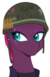 Size: 682x1050 | Tagged: safe, artist:higgly-chan, derpibooru import, fizzlepop berrytwist, tempest shadow, pony, my little pony: the movie, army, born to x, eye scar, female, full metal jacket, helmet, image, mare, png, scar, simple background, solo, transparent background
