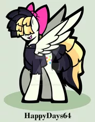 Size: 600x771 | Tagged: safe, artist:happydays64, derpibooru import, songbird serenade, pegasus, pony, my little pony: the movie, bow, cute, cutie mark, female, hair over eyes, mare, open mouth, smiling, solo, spread wings, watermark, wings