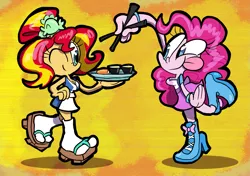 Size: 1985x1399 | Tagged: safe, artist:joeywaggoner, derpibooru import, pinkie pie, sunset shimmer, eqg summertime shorts, equestria girls, good vibes, alternate hairstyle, apron, belt, boots, breasts, busty pinkie pie, busty sunset shimmer, chopsticks, cleavage, clothes, female, food, geta, happi, sandals, serving tray, shirt, shoes, skirt, smiling, socks, sunset sushi, sushi, tongue out, toy interpretation, uniform